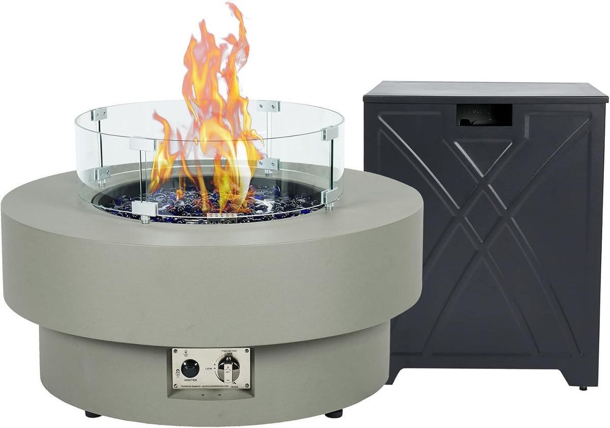 32.5-inch Outdoor Gas Fire Pit with 20lb Propane Tank Cover Table & Wind Glass Shield,50,000BTU Propane Gas Fire Pits for Outside Patio w/Round Burner Lid, Glass Rocks