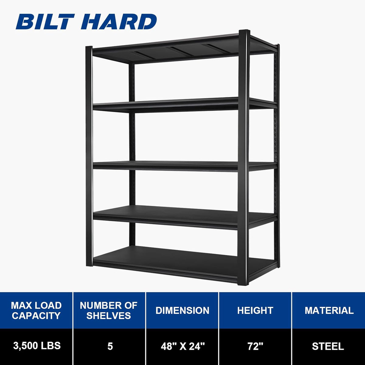 BILT HARD 5-Tier 48" W x 24" D x 72" H Garage Shelving, 3500 lbs Industrial Heavy Duty Storage Shelves, Metal Shelving Units with Adjustable Shelf, Steel Utility Shelves for Garage