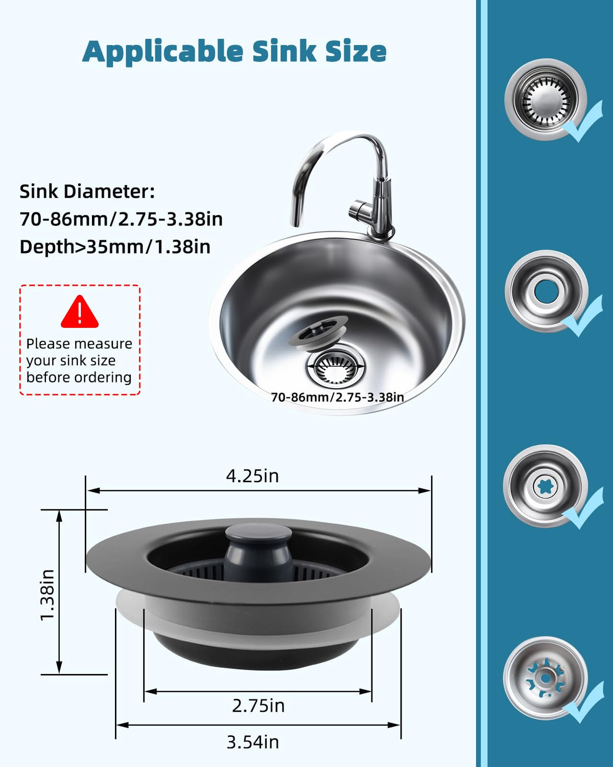 Universal 3 in 1 Kitchen Sink Drain Strainer Stopper Combo, Matte Black
