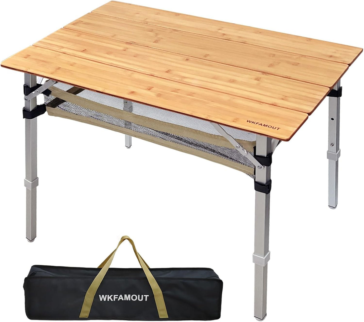 Bamboo Folding Camping Table 4 Folds with Adjustable Aluminum Legs Portable Picnic Table with Storage and Carry Bag for Outdoor Hiking Beach 2-4 Person