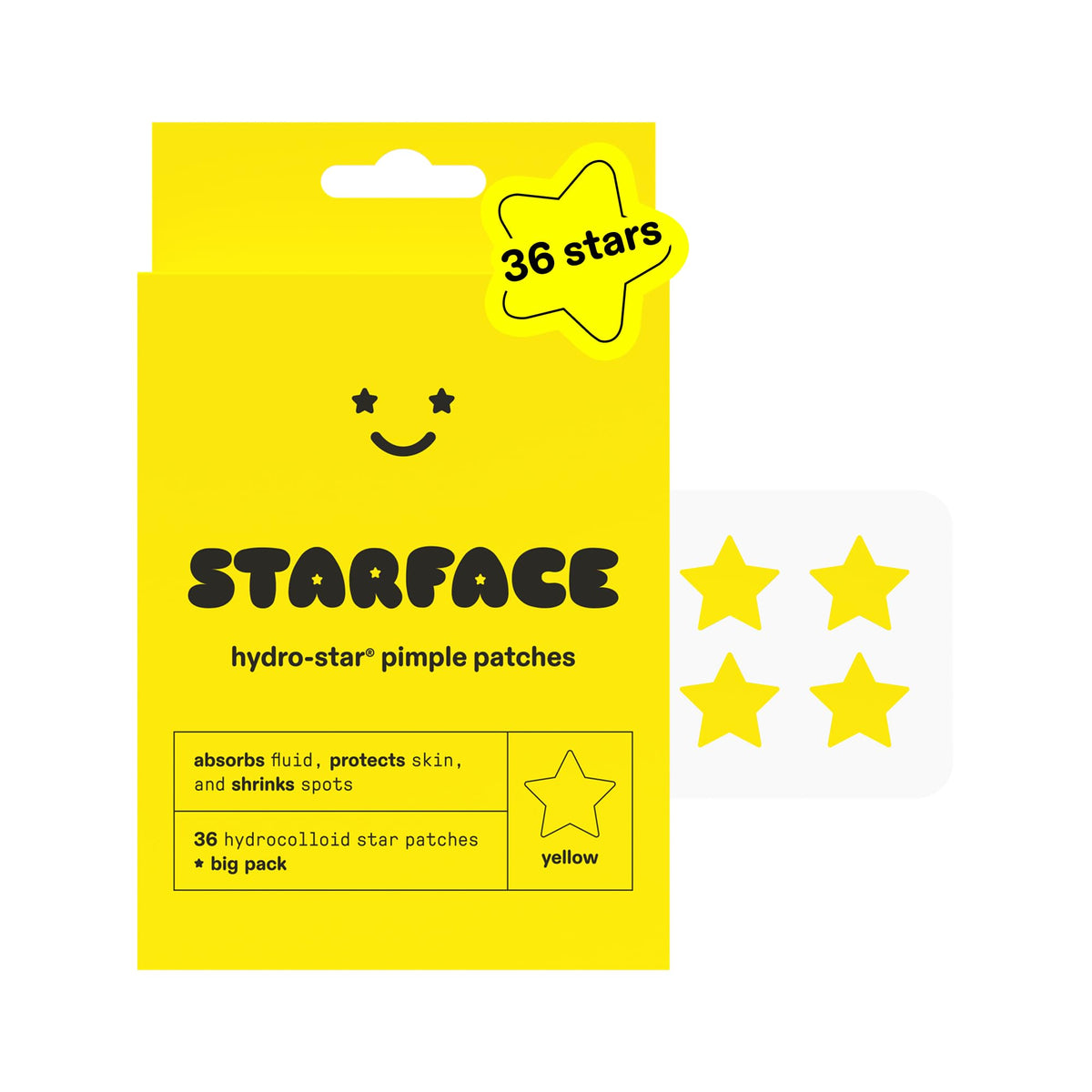 Starface Hydro-Star® Yellow Hydrocolloid Star-Shaped Pimple Patch, 36 ct