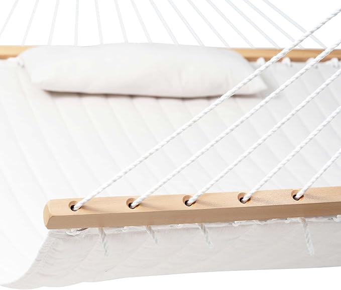 Lazy Daze 12 FT Sunbrella Quilted Double Hammock with Hardwood Spreader Bar, 450 lbs Capacity, Cream