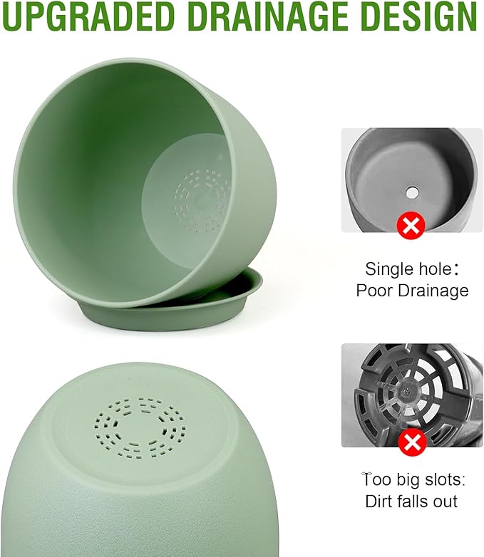 Large Plant Pots 12/10/9 inch, Set of 3 Modern Decorative Plastic Planters with Drainage Holes and Saucers, Flower Pots for Indoor Outdoor Plants, Green