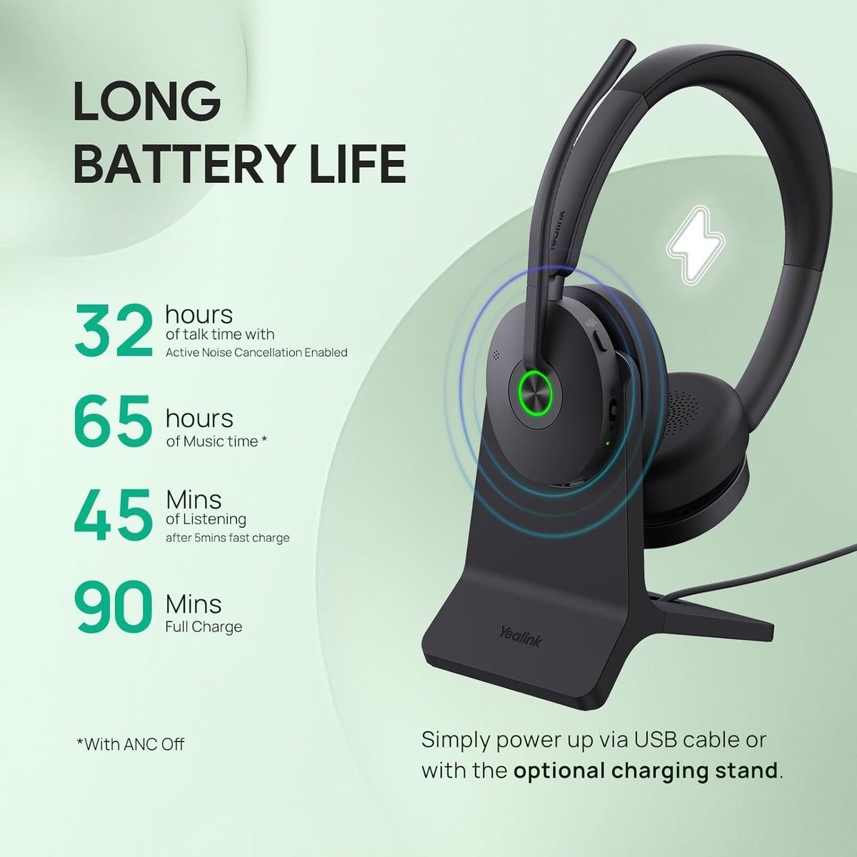 Yealink BH74 with Stand Active Noise Canceling Wireless Headset with Mic for Work, 6-mics Hybrid ANC Microsoft Teams Premium Open Ofﬁce Certified Headsets Bluetooth 5.3, up to 32h Talk, UC Compatible