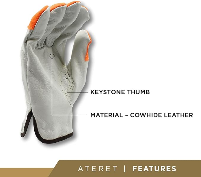 ATERET 12 Pairs Hi Vis Heavy Duty Durable Cowhigh Leather Work Gloves
