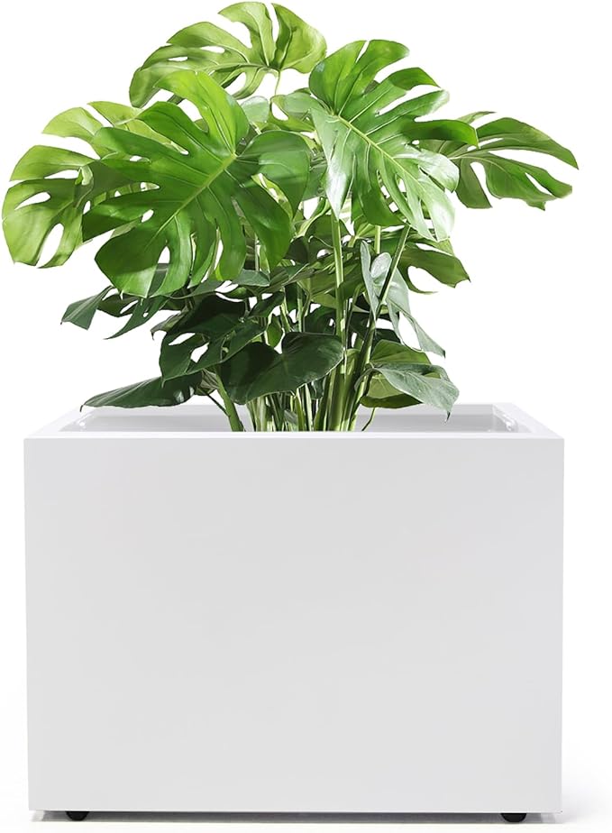 Metal Planter Box Rectangular Block-No Installation Required Galvanized Steel Long Box Planter Modern Outdoor Planters All-Weather Use with Drainage Holes for Patio/Porch,16 ×12×12IN（White）
