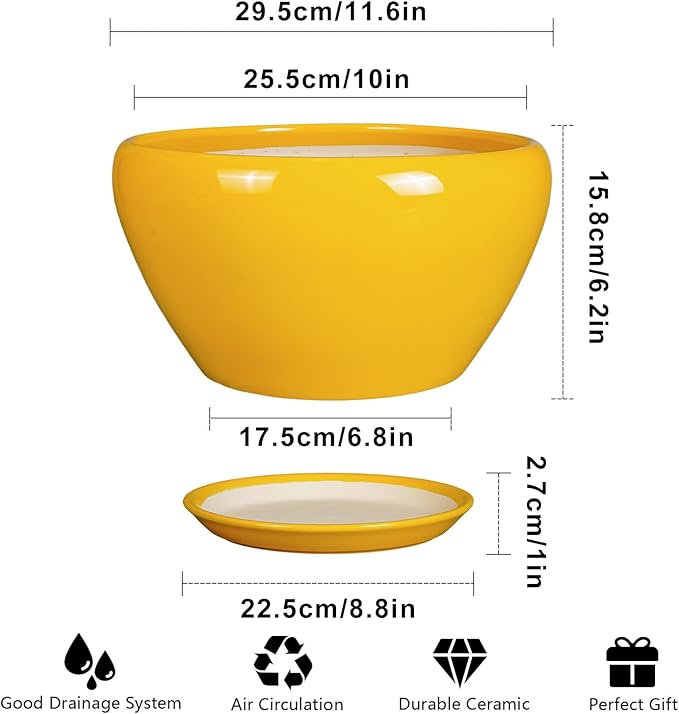 Indoor Planter 11 Inch - Decorative Mid-Century Large Ceramic Plant Pot for Outdoor Plants with Drainage Hole and Saucer, Home Balcony House Garden Patio Office Room Decor, Yellow