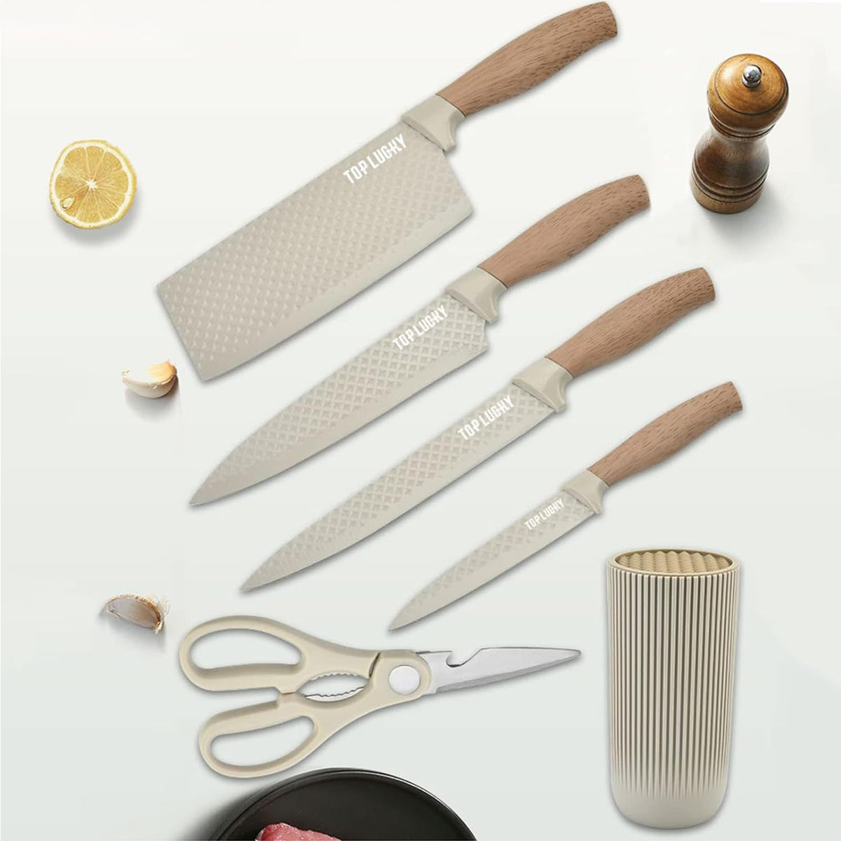 Kitchen Knife Set, Retrosohoo 6-Pieces Khaki Sharp Knife Block Sets for Kitchen, Non-stick Non-slip Stainless Steel Chef knives with Universal Block Suitable for Home Restaurant (Khaki)