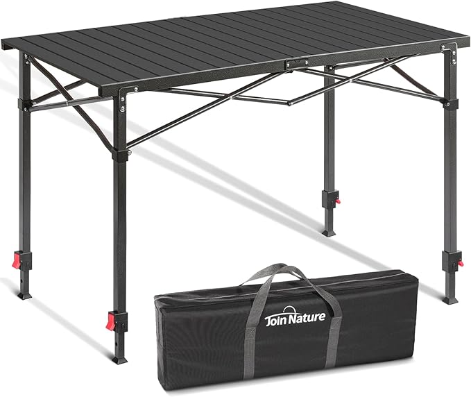 Portable Outdoor Adjustable Height Camping Table, Large for 2-6 Person, Foldable Roll-up Aluminum Camp Table with Carry Bag for Picnic, Camp, Sturdy, Stable, Loads 220 Lbs (Black)