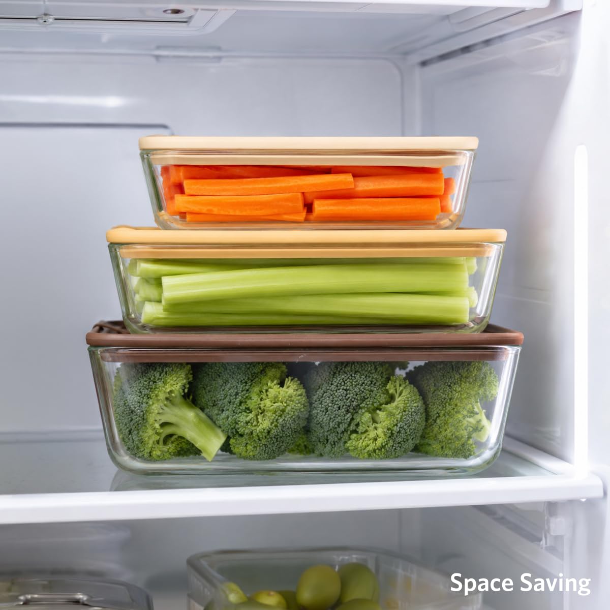 Glad Glass Food Storage Containers, Set of 3 - Airtight Vacuum Sealed Steam Vent Lids - Rectangular Borosilicate Glass Dishes with Ombre Green Lids - Assorted Sizes for Meal Prep & Leftovers, Brown
