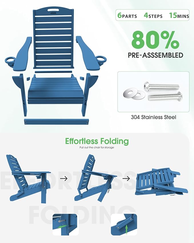 Folding Adirondack Chair HDPE All-Weather Adirondack Chairs with Cup Holder, Outdoor Fire Pit Chairs Lawn Chair for Deck Patio Garden (NavyBlue)