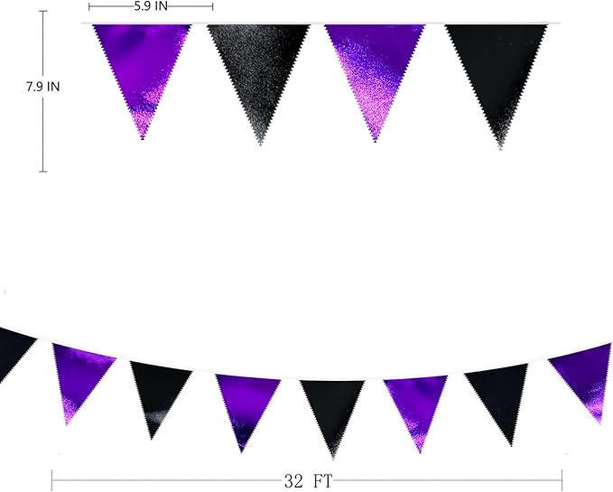 Purple and Black Party Decorations Metallic Fabric Triangle Pennant Banner Flag Bunting Garland for Graduations Birthday Retirement Wedding Baby Shower Bachelorette Halloween Outdoor Party Supplies