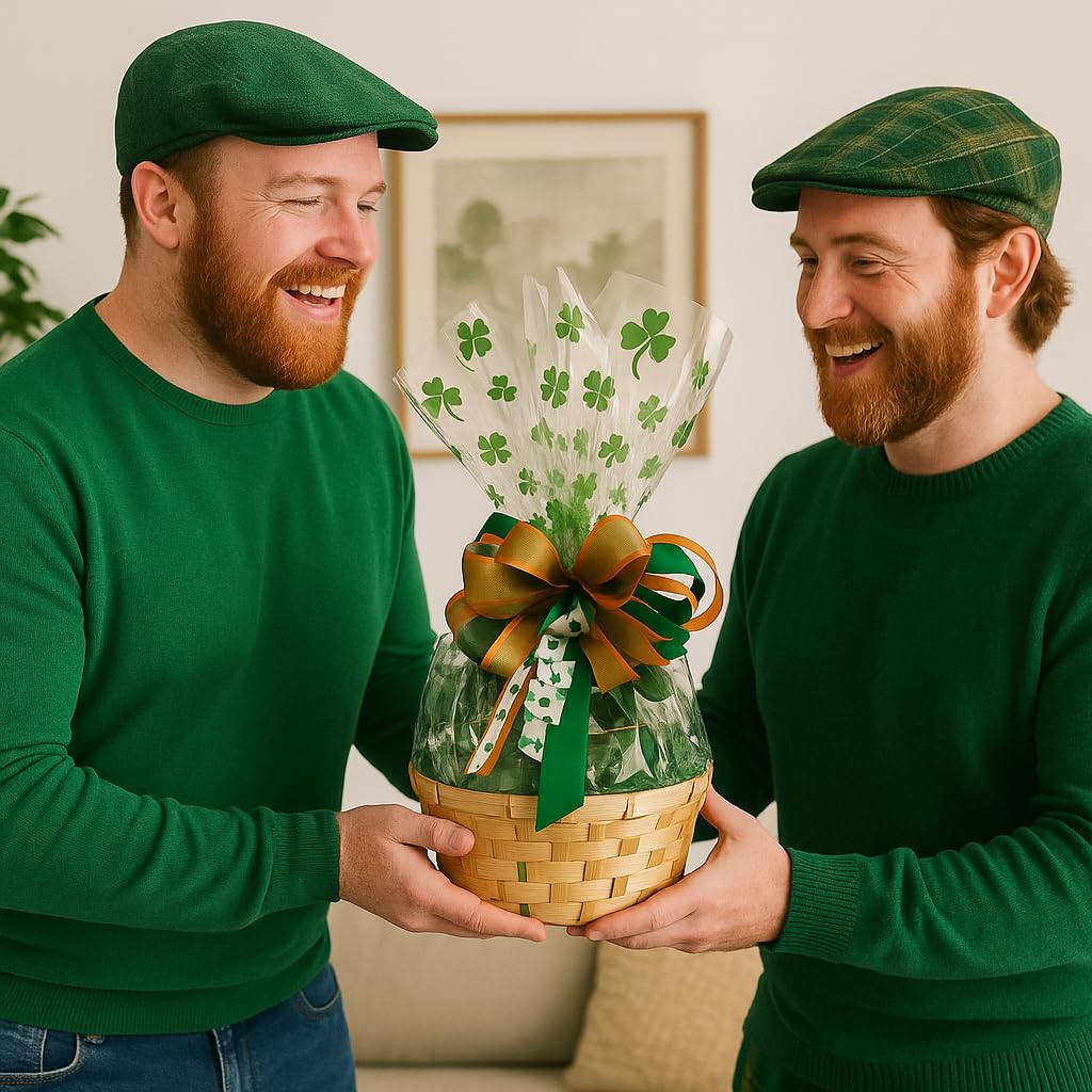 St. Patrick’s Day Gift Basket with Chocolate, Candy & Snacks - 8 Inch Shamrock Wrapped Gift Basket - Irish Holiday Treats for Family, Friends