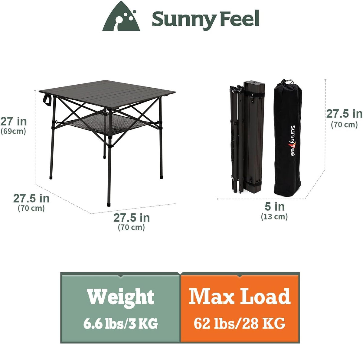 SUNNYFEEL Outdoor Folding Table | Lightweight Compact Aluminum Camping Table, Roll Up Top 4 People Portable Camp Square Tables with Carry Bag for Picnic/Cooking/Beach/Travel/BBQ