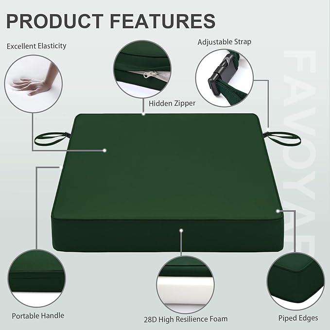 Favoyard Patio Chair Cushions 24 x 24 x 4 Inch Waterproof Outdoor Seat Cushions for Patio Furniture 3-Year Color Fastness Garden Sofa Couch Chair Pads with Handle & Adjustable Straps Set of 2, Green