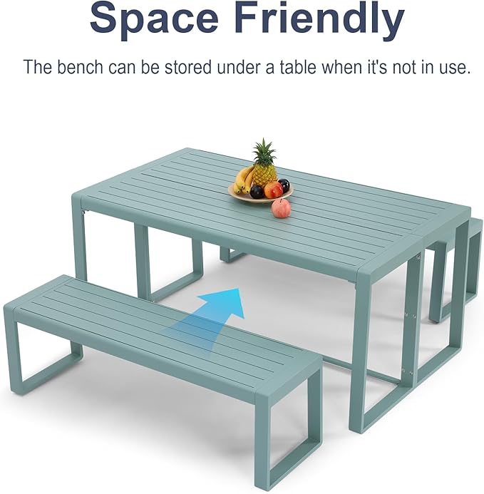 Aoodor 3-Piece Outdoor Patio Dining Set, Aluminum Furniture Set with 1 Rectangular Picnic Table and 2 Benches for Garden, Lawn, Yard