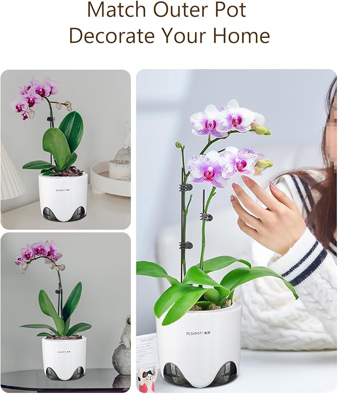 5 inch Orchid Pots with Holes for Repotting with Excellent Airflow, Set of 2, Double Layer Plastic Imitate Ceramic Orchid Planter, Clear Orchid Pot Match Decorative Orchid Container