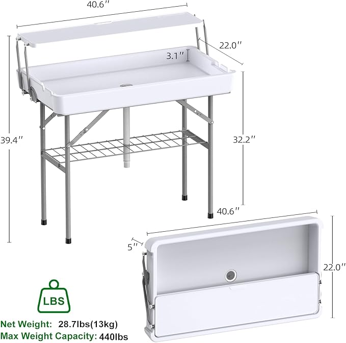 Portable Folding Ice Cooler Table with Skirt & Drain & Shelving, Outdoor Foldable Drink Ice Table with Storage for Camping, Picnics, BBQ & Parties,