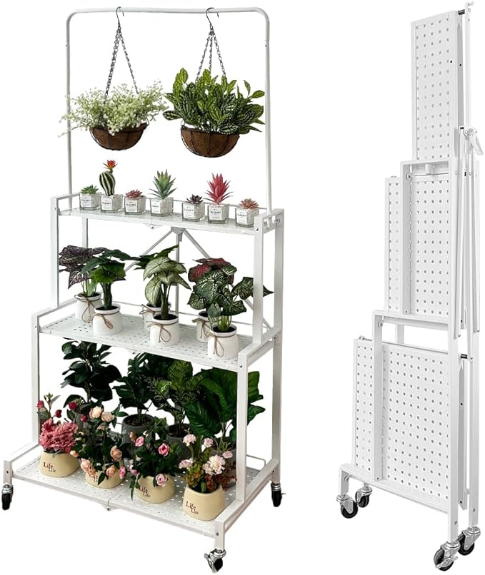 lumizone Foldable 4-Tier Plant Stand Indoor Outdoor Hanging Plant Shelf No Assembly Required Pot Placement Area With Wheels Sturdy Fall Prevention Storage Shelf Flower Pot Stand(4 Tier-White)