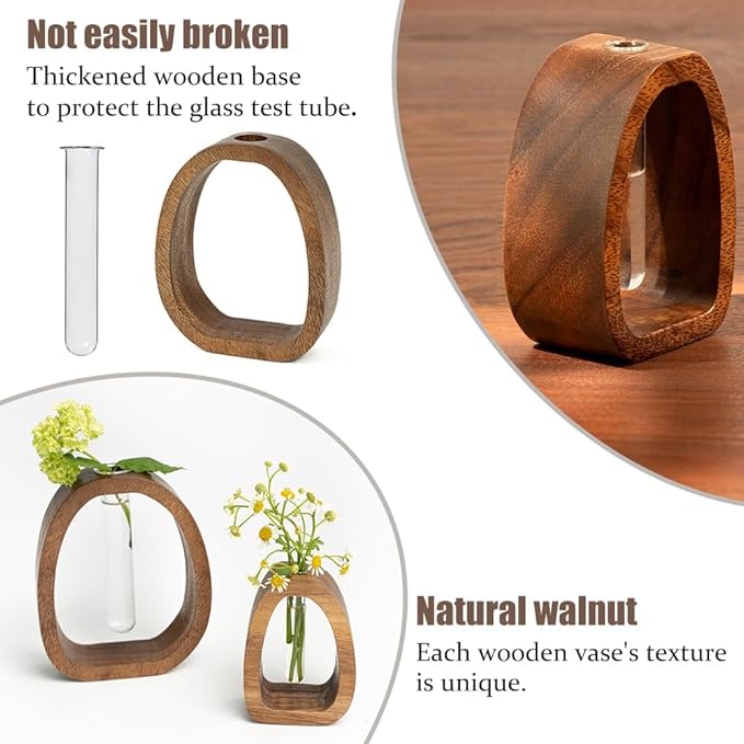 Modern Wooden Glass Test Tube Vase - Desk Plant Decor, Suitable for Home and Office Use