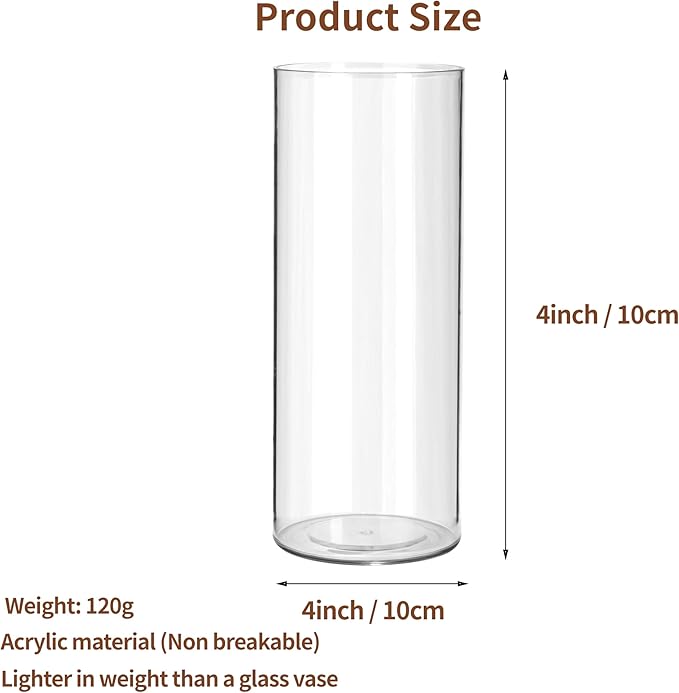 Clear Flower Vase, Non-breakable Vases, 4" W x 4" H, Acrylic Vase, Aesthetic Room Decor Cylindrical Modern Flower Vases for Table Centerpiece, Home Decor, Women Floral Arrangement Gift