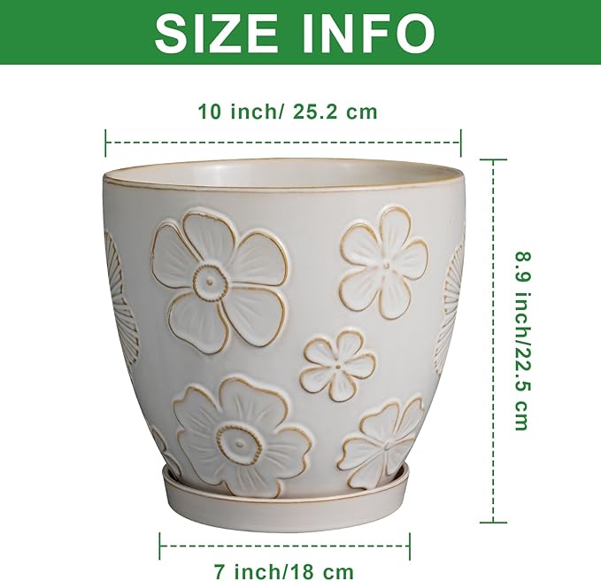10 Inch Ceramic Planter Pot Large Plant Pot for Indoor Plants Outdoor Round Flower Pot with Drainage Hole and Saucer for Home Garden Decor White