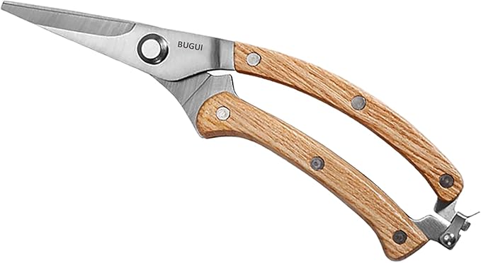 BUGUI Wood Handle Garden Shears, Long Straight Tip, All Steel Construction, Sharp, Well Designed Garden Scissors, 8"