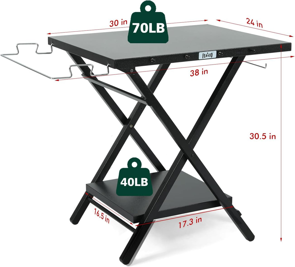 Folding Grill Table with Extra Storage Bottom Shelf, Indoor & Outdoor Prep Table with Garage Rack & Tissue Holder, Pizza Oven Stand for Pizza Oven & Blackstone Griddle, 30" x 24", Black