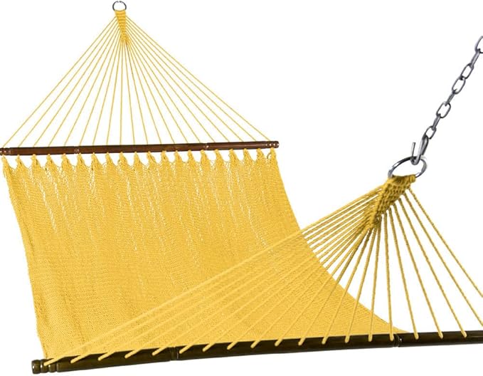 Lazy Daze Hammocks 10.5 FT Double 2 Person Caribbean Rope Hammock, Hand Woven Polyester Hammock with Spreader Bars, for Outside Outdoor Backyard Patio Poolside,450 LBS Capacity, Yellow