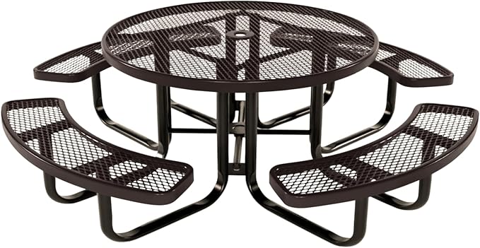Coated Outdoor Furniture Heavy-Duty Portable Outdoor Kids Table with Umbrella Hole, Expanded Metal Kids Picnic Table, Commercial-Grade, Made in America (46 In, Round, Childrens, Brown)