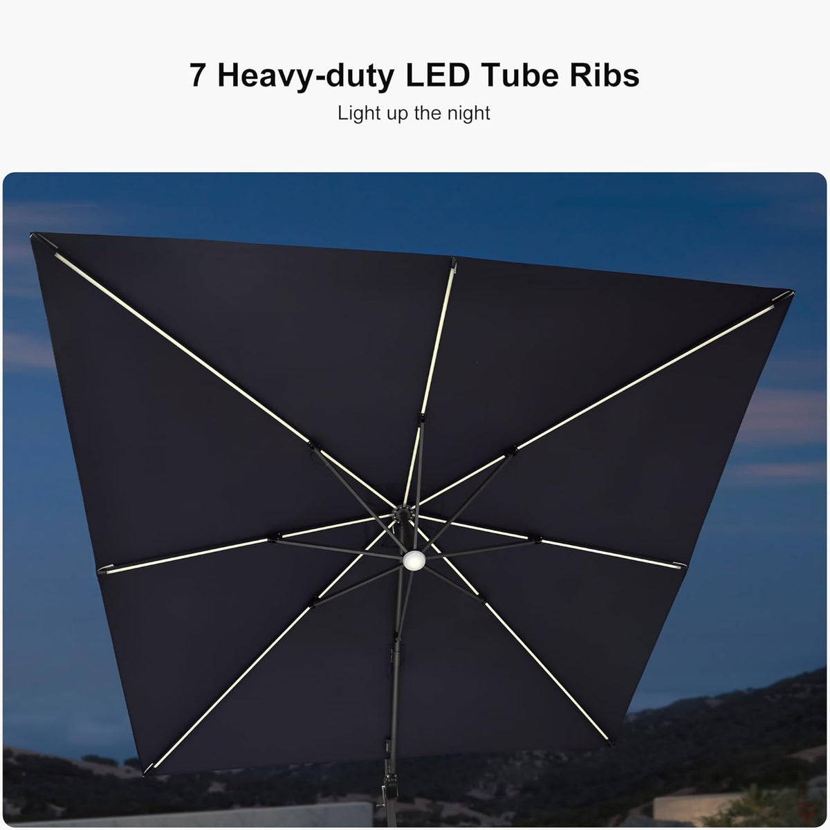 PURPLE LEAF 10 Feet Patio Umbrella Solar Powered LED Square Outdoor Cantilever Umbrella with LED Lights Aluminum Offset Umbrella with 360-degree Rotation for Garden Deck Pool Patio Navy Blue