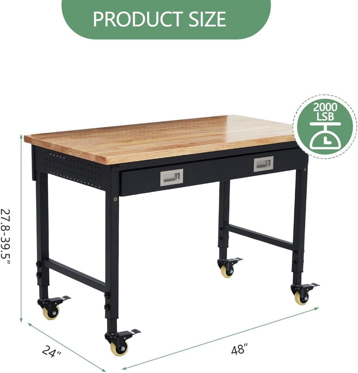 48'' Adjustable Workbench, Heavy Duty Workbench with Drawer, Power Outlet and Lockable Wheels, 2000 LBS Capacity, Work Table Suitable for Office, Garage, Workshop
