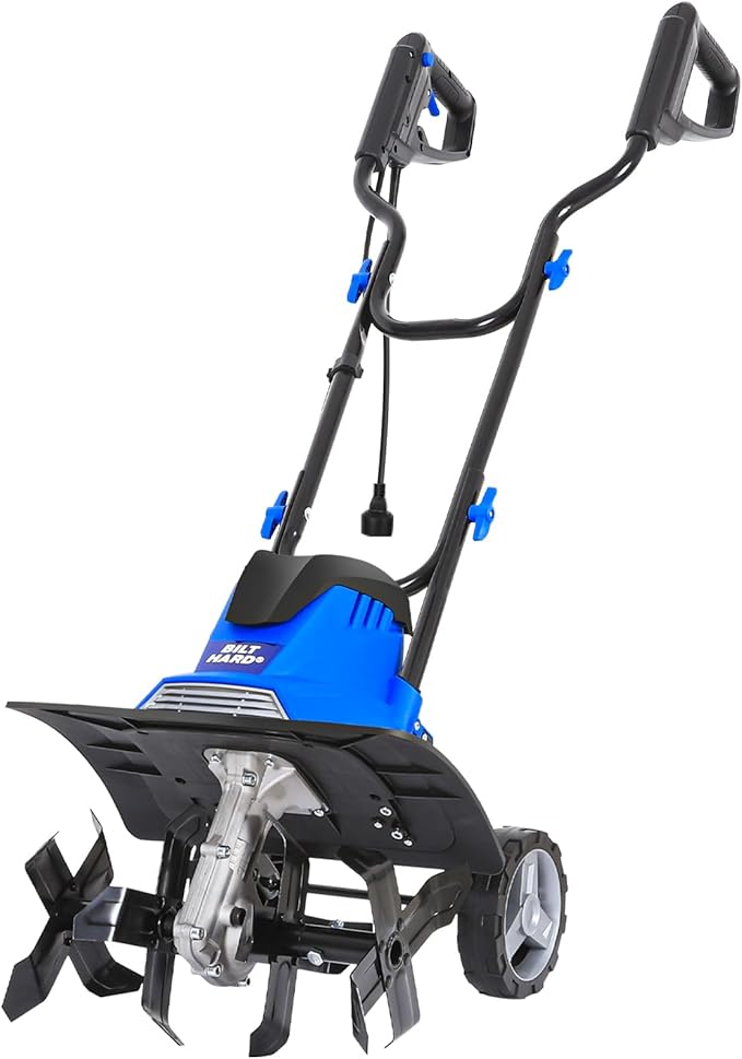 BILT HARD 14" 10Amp Electric Garden Tiller | 4 Steel Tines Tiller Cultivator with Foldable Handle & Adjustable Wheels for Soil Cultivation, Weeding, Portable Gardening