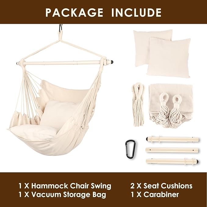 Highwild Hammock Chair Hanging Rope Swing - Max 500 Lbs - 2 Cushions Included - Steel Spreader Bar with Anti-Slip Rings - for Any Indoor or Outdoor Spaces (Beige)