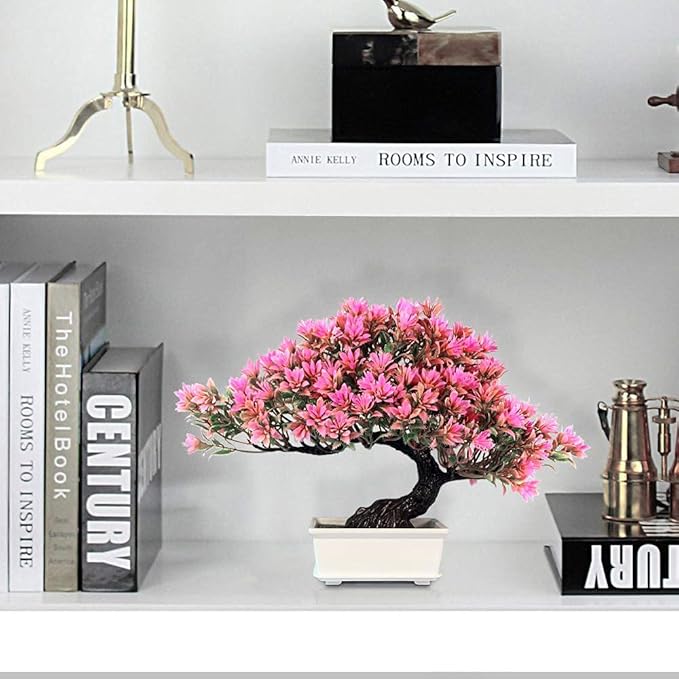 Fake Plants Plastic Artificial Bonsai Tree, Pink Room Decor Bonsai Tree for Home Bedroom Farmhouse Office Desk Decor, Tall 9.5"