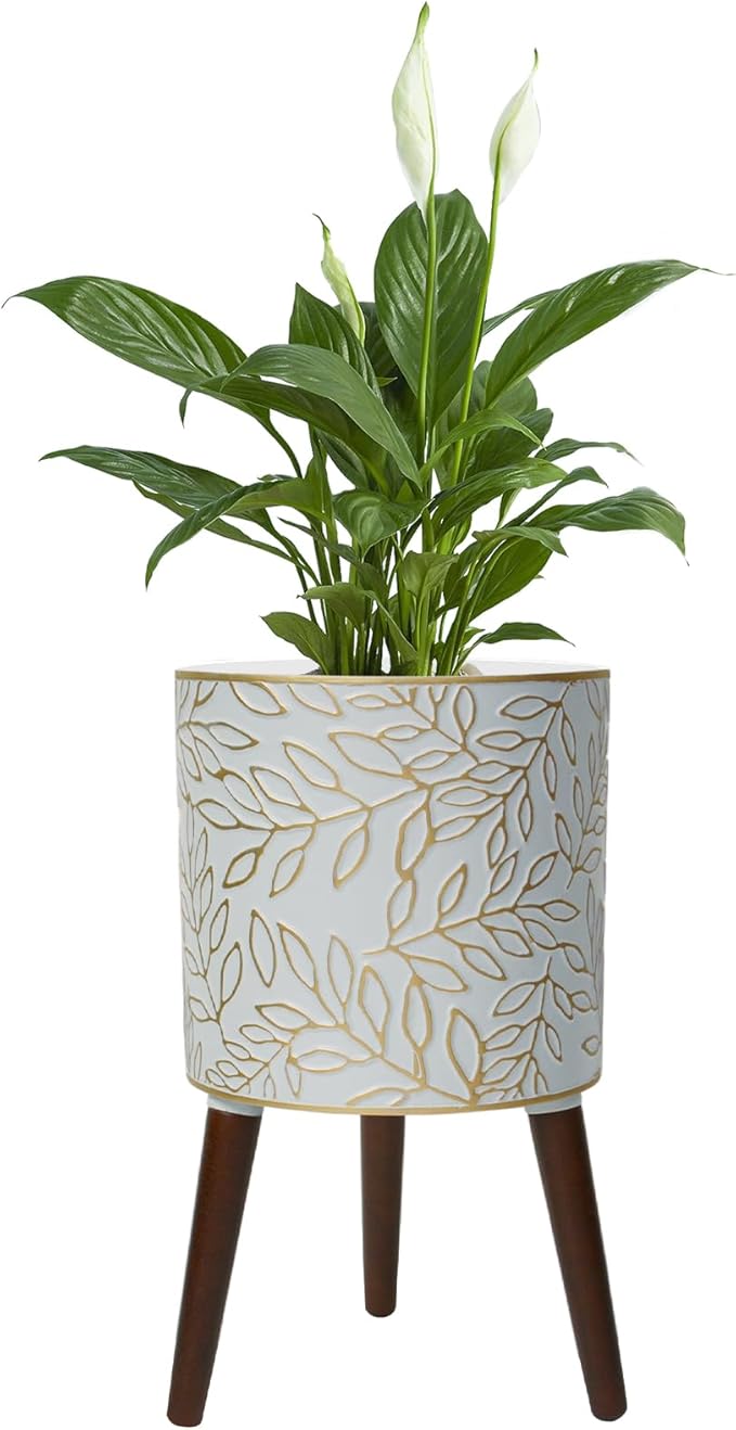 12inch Plant Pots with Wood Planter Holder Indoor Flower Pot with Gold Floral Embossed Modern Planters with Drainage Holes for Living Room, Office, Garden or Balcony