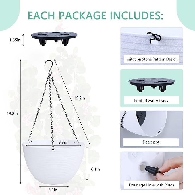 summer flower 2 Pack Self Watering Hanging Planters 9.9 Inch Hanging Baskets Plant Pots for Indoor Outdoor Hanging Plant Holder for Garden Porch Ceiling -White, Plant Not Included