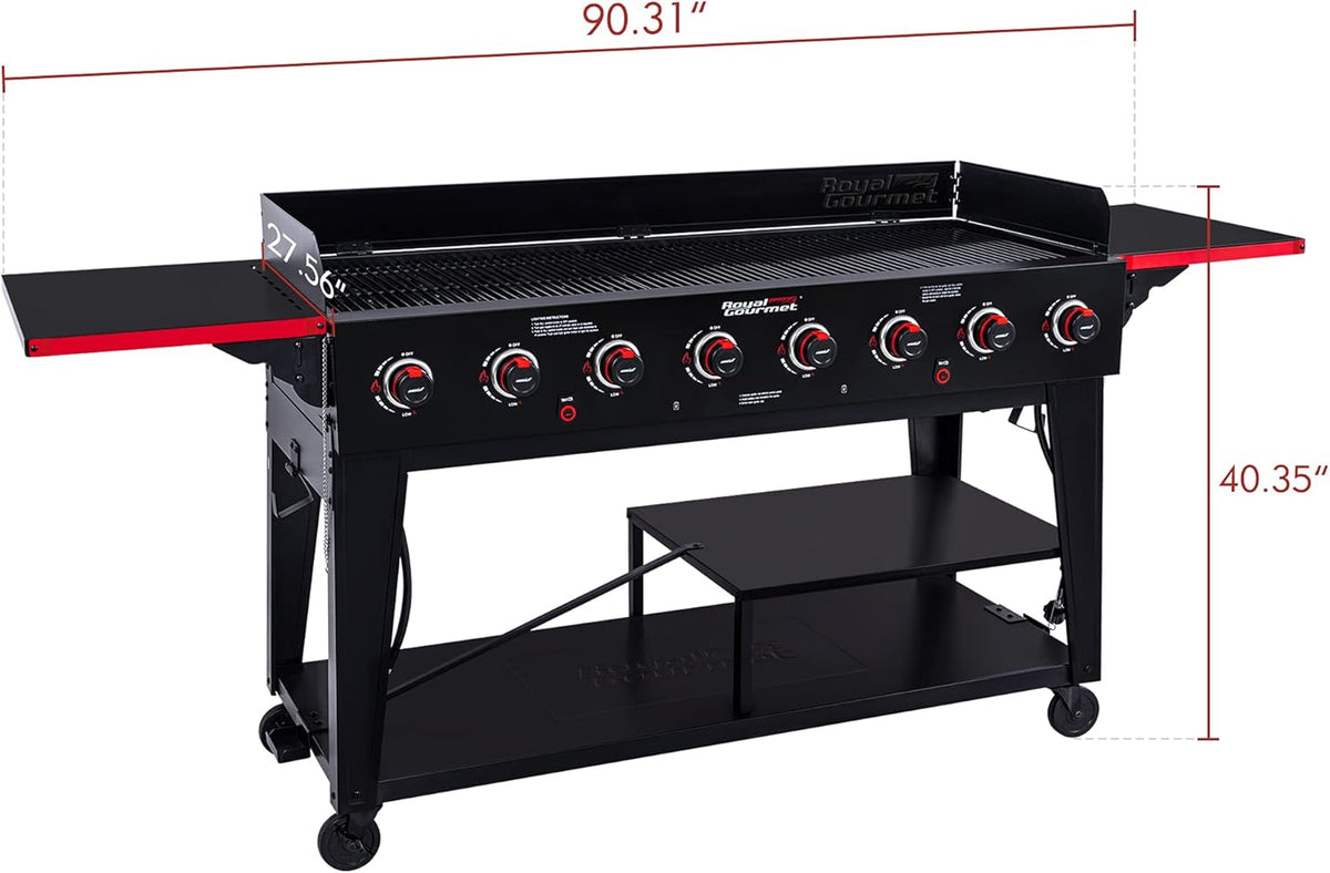 Royal Gourmet GB8003 8-Burner Propane Gas Grill with Foldable Side Tables, Large Propane BBQ Grill with Porcelain-Enameled Steel Wire Grates for Outdoor Party or Backyard Grilling, Black