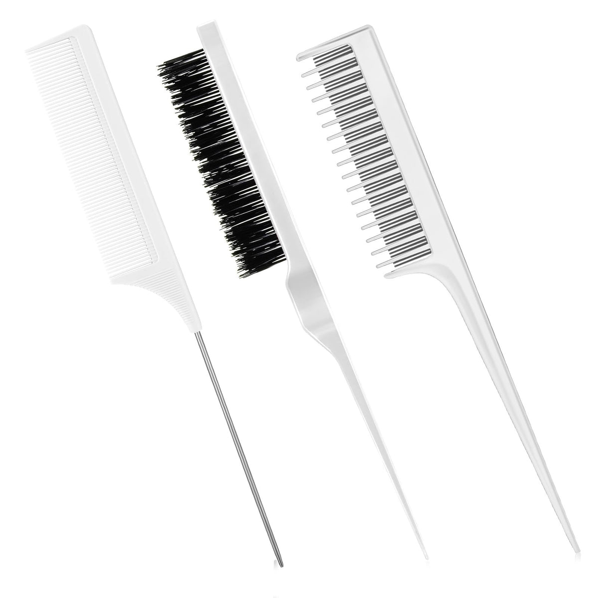 Patelai 3 Pieces Hair Styling Comb Set: Fluffy Brush, Rat Tail Comb, And Triple Comb For Back Combing (White)