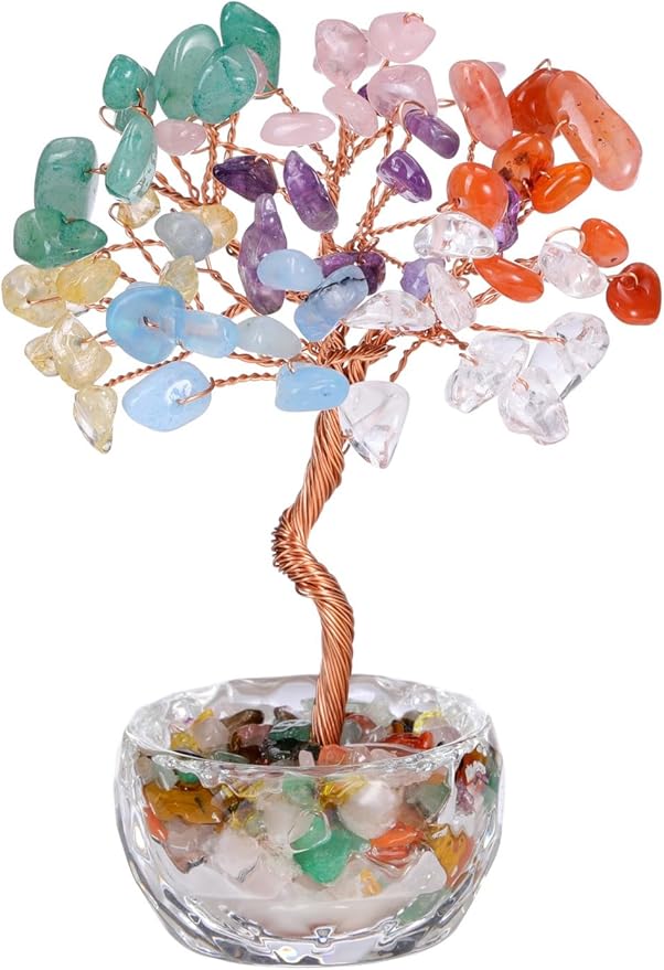 Jovivi Small 7 Chakra Crystals Tree, Natural Crystal Healing Stones Tree Glass Bowl Base Gemstone Money Trees Feng Shui Good Luck Home Desk Decor