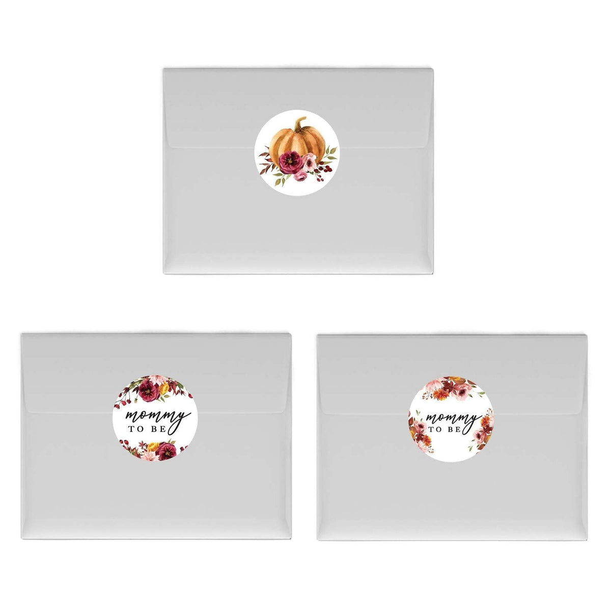 Andaz Press Fall Burgundy Marsala Baby Shower Party Collection, Chocolate Drop Label Stickers Trio, Mommy to Be, Marsala Floral and Pumpkin Graphic