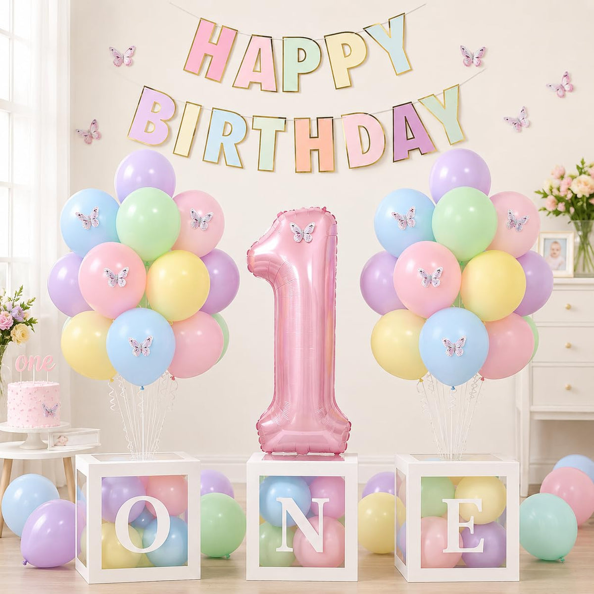 Yumiche First Birthday Decorations For Girl-40 Inch Pink 1 Number,Pastel HAPPY BIRTHDAY Banner, Pastel Balloons And One Balloon Boxes for one year old
