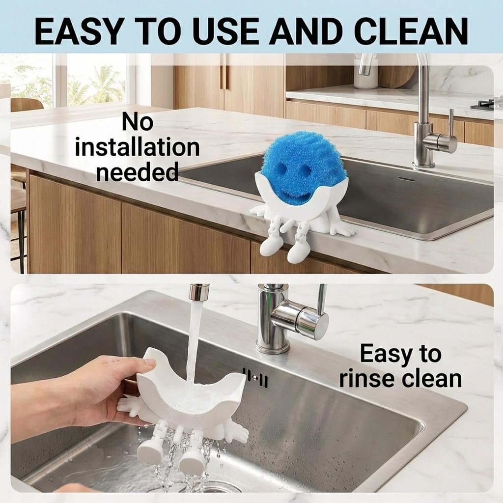 Creative Drainage Sponge Holder: Traceless Glue, 3D Printed Funny Kitchen Sink Holder, Keeps Sponge Dry – for Scrub Daddy (1, White)