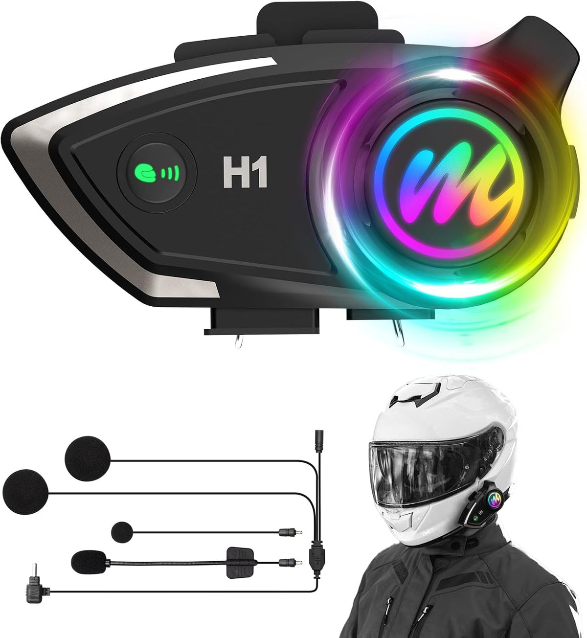Moman Motorcycle Intercom Headset, H1 1 Pack Dirt Bike Communication System AI Voice Assistant IP67 Waterproof Automatic Answer Noise Cancellation, Motorbike-Helmet-Wireless-Intercom-Headset