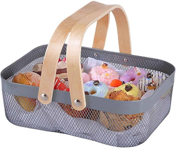 Metal Mesh Steel Basket, Storage Organizer Basket Garden Harvest Basket Multi-functional Kitchen Fruit Baskets Bin with Wooden Handle for Bathroom Picnic Shopping Decor Cabinet Home, Grey
