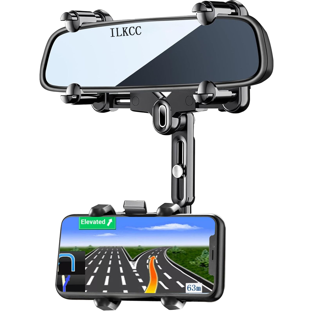 ILKCC Rearview Mirror Phone Holder for Car, 360° Rotating and Retractable Multifunctional Rear View Phone Mount, Upgraded Four Corners Fixed Anti-Shake Fit All Smartphones & Bigger Vehicle
