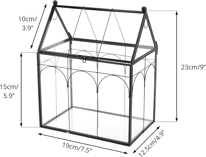 NCYP Glass Terrarium with Lid for Cacti, Succulents, Small Plants - 7.5 x 4.9 x 9 inches Closed Geometric Planter Box - Home Indoor Tabletop House Shape Decorative, Black (Terrarium Only)
