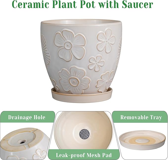 10 Inch Ceramic Planter Pot Large Plant Pot for Indoor Plants Outdoor Round Flower Pot with Drainage Hole and Saucer for Home Garden Decor White