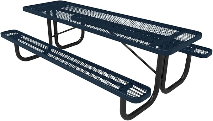 Coated Outdoor Furniture Heavy-Duty Portable Outdoor Picnic Table, Thermoplastic Coated Expanded Metal Commercial-Grade Patio Dining Furniture Made in America (8ft Rectangular, Dark Blue)