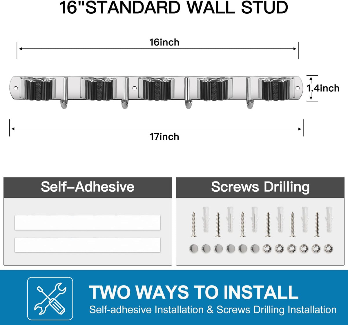 IMILLET 2 Pack Wall Mount Broom Holder Stainless Steel 5 Racks with 4 Hooks Broom Organizer Self Adhesive Heavy Duty Laundry Room, Garage Organization Storage